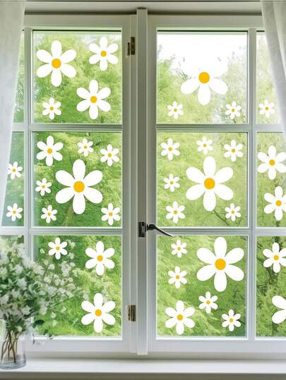 White Daisy Window Stickers, Double-Sided Floral Glass Stickers - Suitable For Home, Office And School Decoration In Summer And Spring