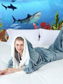 Sleeping bag (Shark) 1件装鲨鱼睡袋毯，带尾巴，可穿戴法兰绒毯，厚实保暖家居毯，成人卡通鲨鱼睡袋套装，鲨鱼爱好者礼物，鲨鱼家居睡衣，多功能毯子浴室装饰 - 彩色 - 查看 3