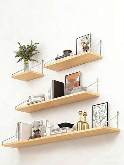 1pc No-Drill Large Capacity Wall-Mounted Shelf, Space-Saving Design, Simple & Warm Natural Wood Color Rectangular Flat Shelves, Sturdy Wall-Hanging Structure With Compartments, Suitable For Storing Kitchenware & Decor, Ideal For Kitchen & Living Room Wall Organization