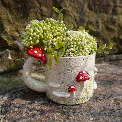 1pc Charming Mushroom Shaped Resin Pot In The Forest-Perfect For Succulents And Small Plants, Ideal For Home, Office Or Garden Decoration