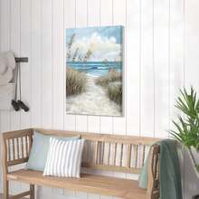 1 Piece Hardy Gallery Seascape Canvas Abstract Wall Art Painting With Frame, Beach Path Leading To The Sea Abstract Coast Print Aesthetics, Suitable For Living Room, Bathroom, Bedroom, Apartment, Resort, Villa, Classroom, Hallway, Studio, Study, Dormitory, Home Office Decoration, Can Be Hung Directly. - 自然風景 - 查看 3