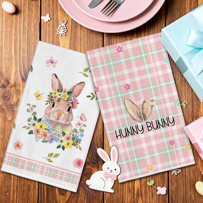 2条复活节厨房毛巾，粉色格子兔子印花洗碗布，超柔软针织洗碗布，可机洗，适合春夏装饰、复活节派对装饰，可用于烹饪和清洁，也是乔迁新居的礼物。