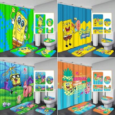 一套海绵宝宝卡通图案浴帘套装，包含12个挂钩、180*180厘米防水浴帘、防滑垫、U型马桶盖套，适用于房间、卧室、家居、浴室装饰及节日礼物。