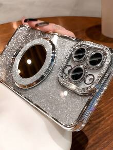 Phone Case: Luxury Rhinestone Transparent Glitter Magnetic Protective Case, Compatible With Apple 16/15/14/13/12/11 Pro Max/15/16 Plus/SE4, Mirror Magnetic Bracket Soft Shell - Pink - View 7