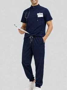 Men's Short Sleeve Nurse/Doctor Uniform Set, Veterinary/Healthcare Worker Outfit - Navy Blue - View 3