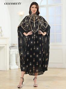 Luxury Women Royal Black Gold Mock Neck Abaya Sequin Beaded Cloak Sleeve Embroidered Arab Kaftan For Party, Wedding, Family Gathering - Black - View 7