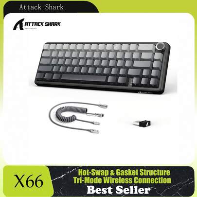  ATTACK SHARK X66 60% Wireless Mechanical Gaming Keyboard With Volume Knob, Gasket Hot Swappable Custom Keyboard, PBT Keycaps, Tri-Mode USB-C/BT5.0/2.4G RGB With Coiled Cable