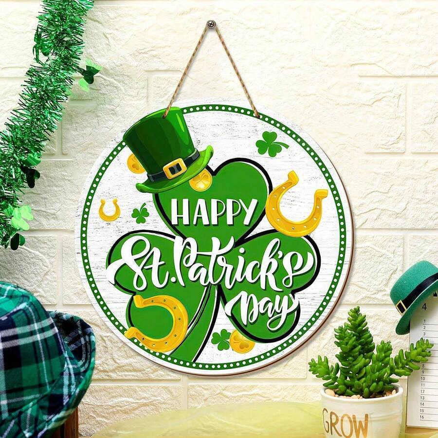 圣帕特里克节木质装饰挂件，圣帕特里克节快乐前门装饰，绿色三叶草帽装饰，爱尔兰风格门牌挂饰，乡村农舍门廊装饰，适合圣帕特里克节装饰，家居装饰挂件 - 彩色 - 查看 1
