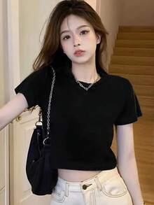 Women's All-Match Black Crop Top, Minimalist Versatile Y2K Streetwear, Fitted Waist Sexy Casual Beach Daily Wear - Black - View 4
