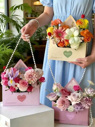 3 piezas Cajas de regalo con sobre y flor elegantes (con cadena de perlas) - Diseñadas con notas de amor, adecuadas para regalos del Día de San Valentín, boda, Día de la Madre/Graduación/Día del Maestro - Conservador de canasta floral DIY, recipiente reutilizable, caja de recuerdos ligera, conjunto de regalo romántico, bolsa de almacenamiento para bodas y artículo de compras sentimental, cajas de regalo para hornear