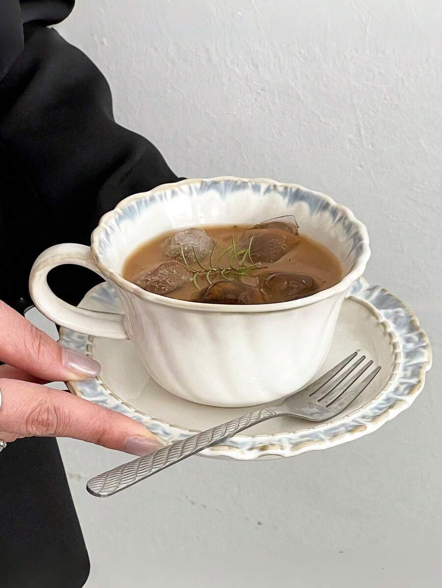 1件套法式复古烟蓝色系列下午茶陶瓷咖啡杯碟套装，优雅茶/咖啡/牛奶杯 - 彩色 - 查看 1