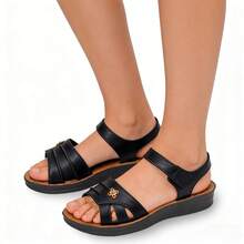 女士夏季凉鞋 - 休闲纯色，透气镂空设计，魔术贴搭扣，平底沙滩鞋，多功能平底凉鞋 | 舒适百搭 - 黑色4 - 查看 5