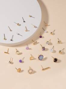 30 Pairs Women Metal Tree, Shell, Pearl, Heart Shaped Earrings Set, Gift - Multicolor - View 2