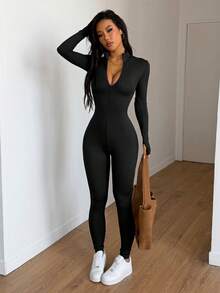 Casual Solid Color Zipper Skinny Jumpsuit Pants Black Spring Elegant - Black - View 5