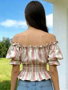 Women's Off Shoulder Tops Elegant Striped Puff Short Sleeve Tie Front Ruffled Blouse For Summer Daily Wear - Baby Pink - View 4