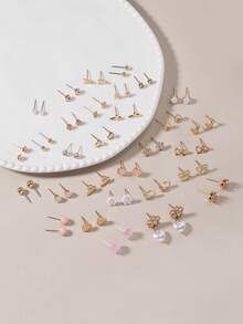 60pcs/Set Fashion Metal Butterfly, Heart, Rhinestone, Moon, Flower Stud Earrings Set, Holiday Gift For Women, Daily Wear - Yellow Gold - View 3