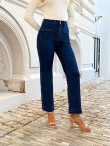 Women's Wide-Leg Pants High Waist Stretch Straight Jeans Loose Denim Trousers With Pockets Suitable For All Seasons. - 藍色 - 查看 6