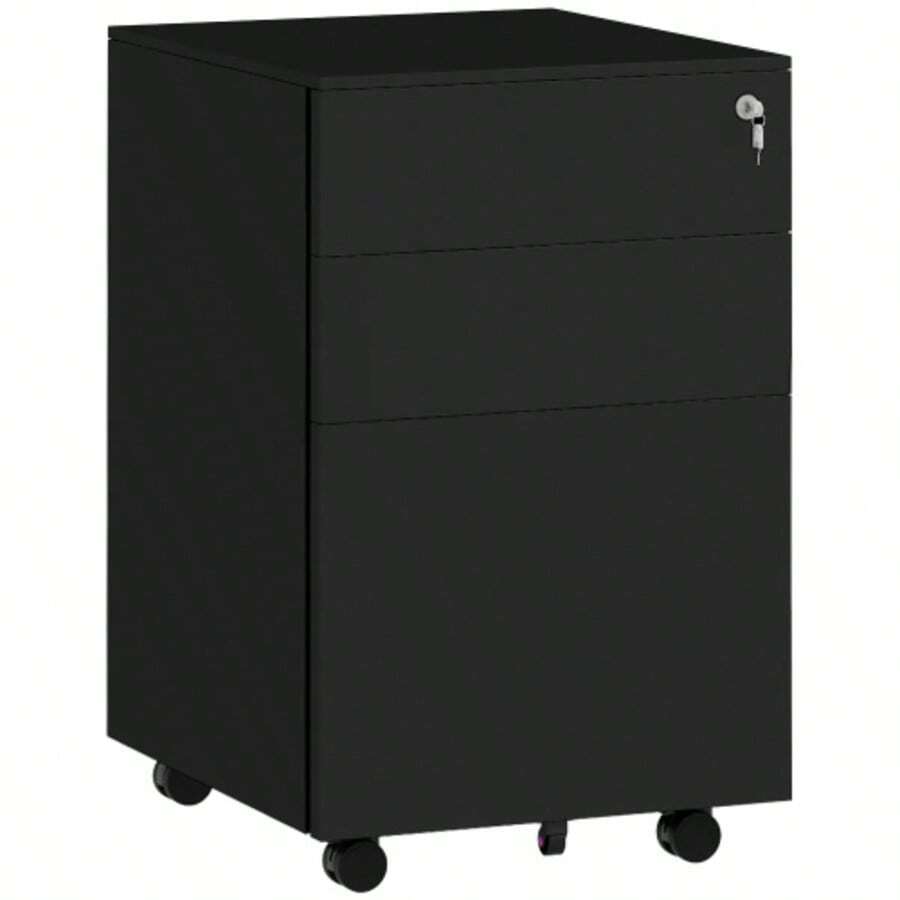Lockable Filing Cabinet With Drawers, 37 Cm (L) X 43.5 Cm (W) X 60 Cm (H), On Casters With Brakes, 3-Position Adjustable Steel Rail, Black - A - View 1