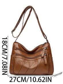 多层软皮手提包，时尚休闲百搭中年女性单肩斜挎包，大容量 - 棕色 - 查看 6