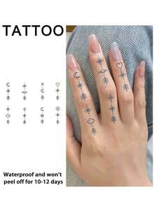 4 قطع وشم مؤقت وهمي Y2K بطبعة بسيطة هندسية شبه دائمة للبانداوالرجال والنساء، مقاوم للماء والعرق ويدوم من أسبوع إلى أسبوعين، ذو مظهر واقعي من عصير نباتي، غير لامع ولا انعكاسي، ملصقات وشم للذراع والصدر والساق والبطن والخصر والإصبع والرقبة والعمود الفقري، فن جسدي عصري - الأسود - مشاهدة 10