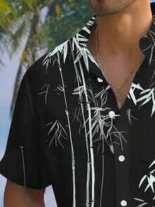 男士輕量寬鬆短袖襯衫，夏威夷竹葉印花 - 黑色 - 查看 5