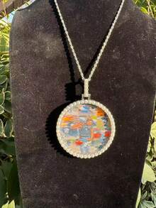 Custom Pearl & Diamond Style Large Round Photo Frame Pendant, Brass Cubic Zirconia Shiny Necklace Pendant, DIY Photo, Hip Hop Everyday Wear Jewelry, Comes With 50cm Braided Chain - Pearl Style - View 16