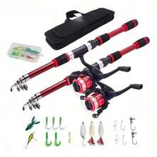 Kits de 2 cañas de pescar de 1,8 m, telescópicas y con carrete, cebo y accesorios - Rojo - Ver 5