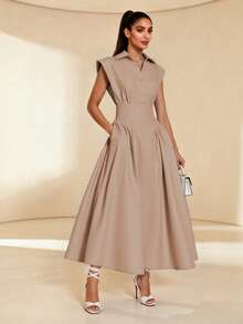 1 chiếc đầm không tay thanh lịch, màu kaki, thắt eo, thích hợp cho lễ Eid. - Màu Khaki - Xem 3