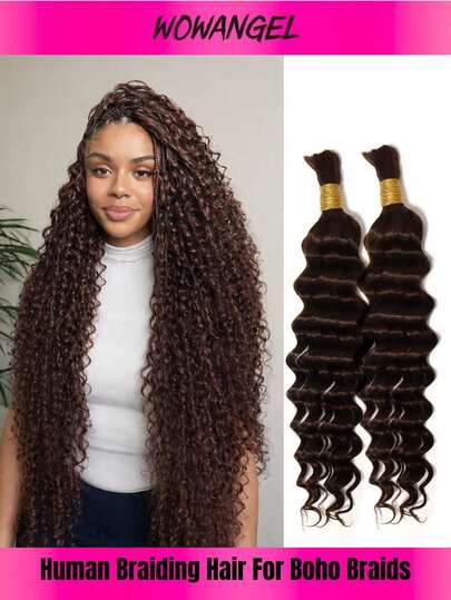 WOWANGEL 4# Highlight Human Braiding Hair Boho Hair For Braiding,16-24 Inch Deep Wave Braiding Hair 90g 2 Bundles Boho Braids Human Hair Extensions For