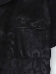 [Elegant Fields]2pcs Satin Pajama Set, Silver White Leopard Print Short Sleeve Collared Top And Bow Shorts, Women Sleepwear Loungewear - Black - View 4