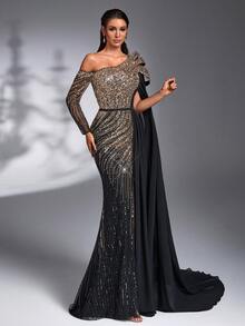 New Fashion Luxury Elegant Contrast Color Sequin Bead Embroidery Fabric Patchwork Chiffon Flutter Sleeve Side Ruched Design Fitted Waist Belt High Slit To Thigh Formal Evening Gown For Banquet Party Birthday Wedding Event Red Carpet Bachelorette Party Holiday Ball Ceremony (Heavy Workmanship Style) - Black - View 5