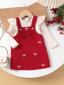 2pcs Baby Girls Cute Stylish Long Sleeve Top + Bib Dress Set, Lightweight, Spring/Autumn - Burgundy - View 1