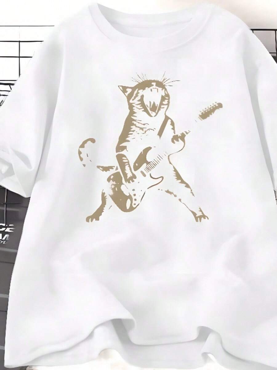 COOL SUMMER Rock Cat Playing Guitar T Shirt Men Men Funny Guitar Cat T-Shirt Casual Short Sleeve O Neck T-Shirts Unisex Streetwear - 白色 - 查看 1