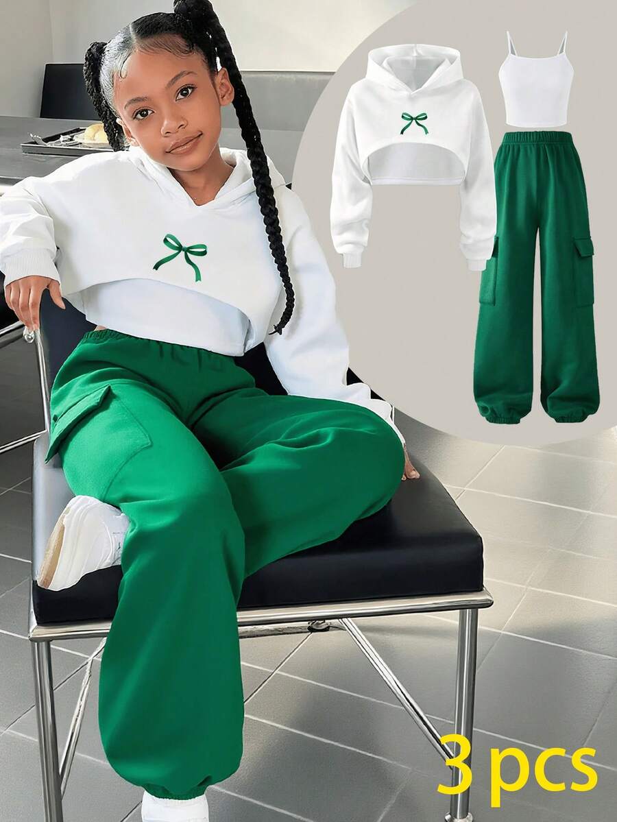 Toddler Girls' Bow Print Long Sleeve Hooded Top & Suspender Pants Set - White - View 1