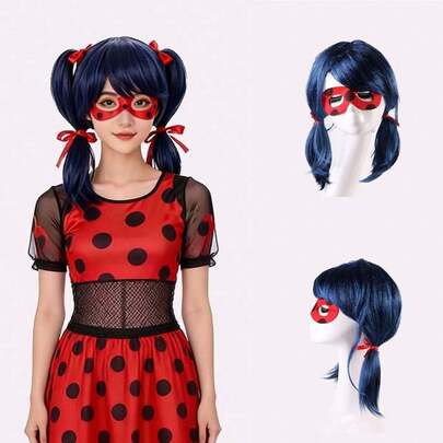 Ladybug Girl Blue Double Ponytail Anime Cosplay Wig Headdress Chemical Fiber Synthetic Dress Up Headgear Suitable For Girls Halloween Theme Party