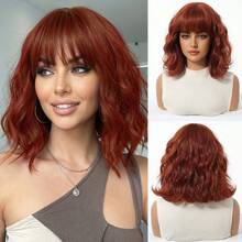 Tóc giả ngắn màu đỏ đậm 30cm có mái, chất liệu tổng hợp gợn sóng, xoăn tự nhiên, phù hợp cho cosplay, tiệc tùng và sử dụng hàng ngày dành cho nữ. - Màu Đỏ Sâu - Xem 12