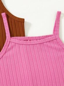 3pcs/Set Jumpsuit Camisole Bergaris Warna Polos Kasual Slim Fit untuk Anak Perempuan - Hot Pink - View 7