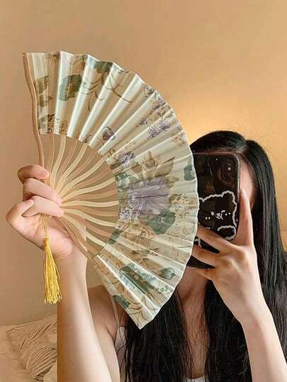 Folding Bamboo Fan For Girls With Tassel & Flowers, Chinese Traditional Costume Dance Prop Vintage,Girls' Bamboo Folding China-Chic Small Fan Tassel Flower Props Costume Ancient Costumedance Bamboo Fan,Elegant, Comfortable And Gorgeous Style,Photography Props Can Be Carried And Folded With You In Summer,For Weddings,Gift,Wedding Parties,For Parties, Proms, Outings