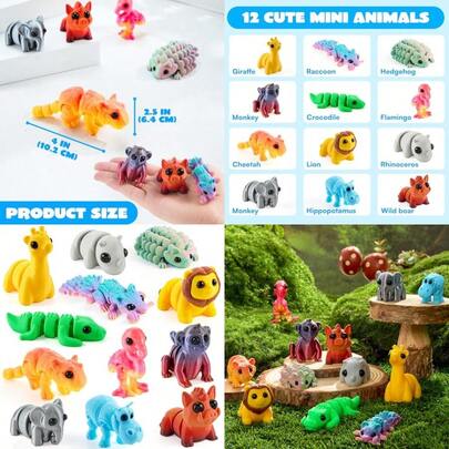 12PCS  Animal 3D Printed Toys Mini Animals 3D Printed Toys Cute Articulated Flexible Figurines Fidget Toys For Valentine Party Favors Classroom Desk Pets Home Decor Valentine's Day, Thanksgiving, Mother's Day, Father's Day