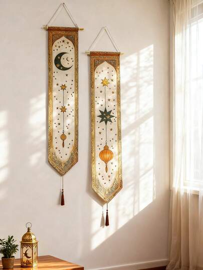 1/2pcs Set Ramadan Islamic Wall Hanging Banner, Boho Moon & Star Tapestry, Eid Mubarak Home Decor, Vertical Scroll With Tassels, Moroccan Style Wall Art, Crescent Moon Pattern, Suitable For Living Room, Bedroom, Entryway, Hallway, Holiday Display, Oriental Home Decor