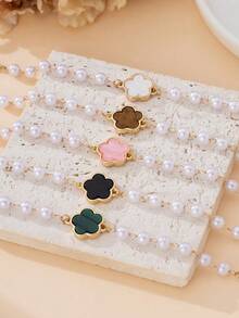 1件/套 优雅仿珍珠四叶草吊坠手链，可叠戴/百搭女孩手链套装 - 彩色 - 查看 3