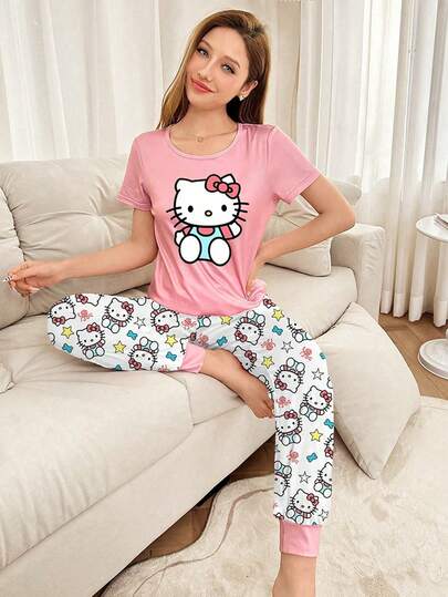  Conjunto de pijama de Sanrio Hello Kitty para mujer, incluye pantalones con cordón y top de manga corta, adecuado para primavera/verano