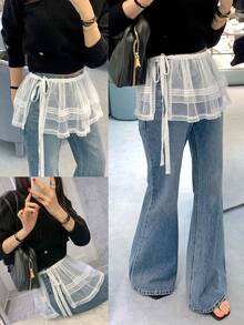 蕾丝边半身裙，女士春夏新款，可搭配半身裙/裤子叠穿，时尚系带白色蕾丝边半身裙 - 白色 - 查看 7