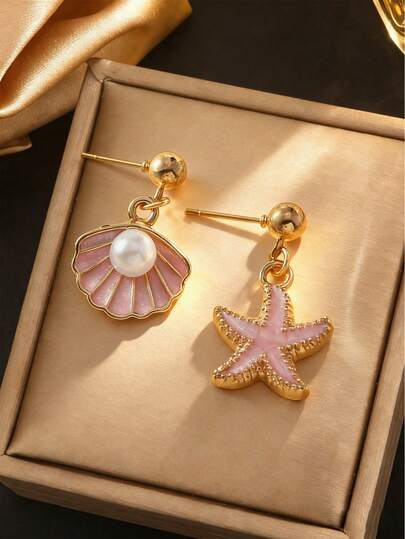 2pcs/Set Adorable Ocean/Beach Style Colorful Faux Pearl Shell Earrings, Stainless Steel Earring Posts, Suitable For Vacation And Daily Wear