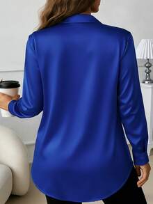 Plus Size Women's Satin-Feel Casual Versatile Button-Up Shirt Spring - Blue - View 2