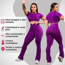 Conjunto Academia Feminino Top e Calça Legging Flare Bailarina Cintura Alta Suplex Roupa de Academia - Preto - Visão 7