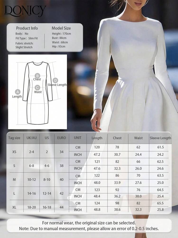 DONICY Vestido elegante para mujer, vestido midi de línea A con cinturón, cuello redondo, unicolor, para primavera/verano, minimalista y elegante, para uso casual, de negocios, de viaje, salidas, San Valentín, carnaval - Blanco - Ver 4