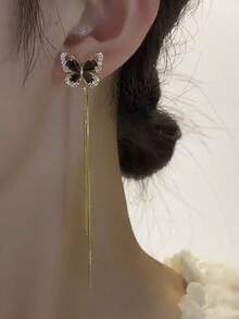 2件套 时尚优雅性感红黑蝴蝶吊坠耳环套装，镶嵌闪亮水钻，流苏长耳环，适合日常和派对场合，四季皆宜。 - A - 查看 12