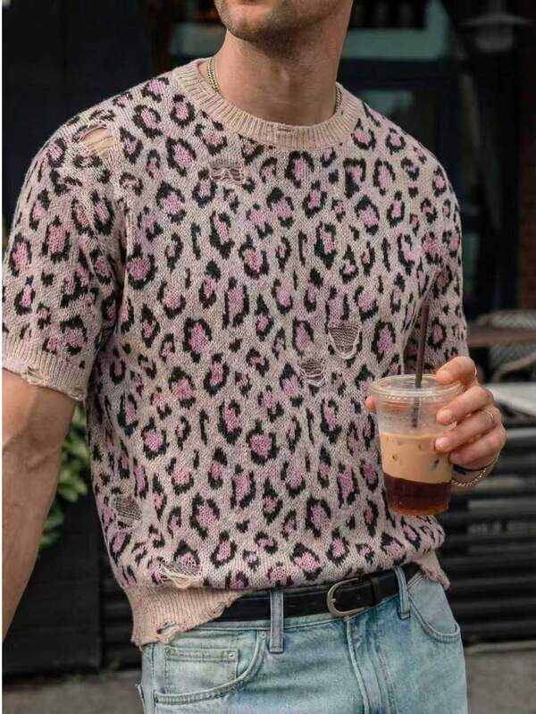 Top unisex, croială lejeră, casual, cu imprimeu leopard, guler rotund, mânecă scurtă, tricotat, primăvară/vară