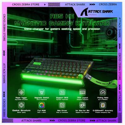  Teclado mecânico para jogos ATTACK SHARK R85 HE com fio, 75% de gatilho rápido, RGB, com caixa de luz personalizada, taxa de polling de 8KHz, precisão RT de 0,005mm, latência de 0,08MS, efeito Hall, switch magnético, driver para PC gamer, ideal para as festas de fim de ano, presente para crianças, Ano Novo de 2026 - Moonlight/ White Contour/ Fluorescent Green/ Starlight White